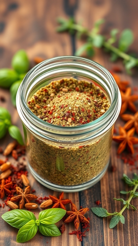 Homemade Zesty Italian Seasoning Recipe A jar of homemade Italian seasoning blend with fresh herbs on a wooden table.